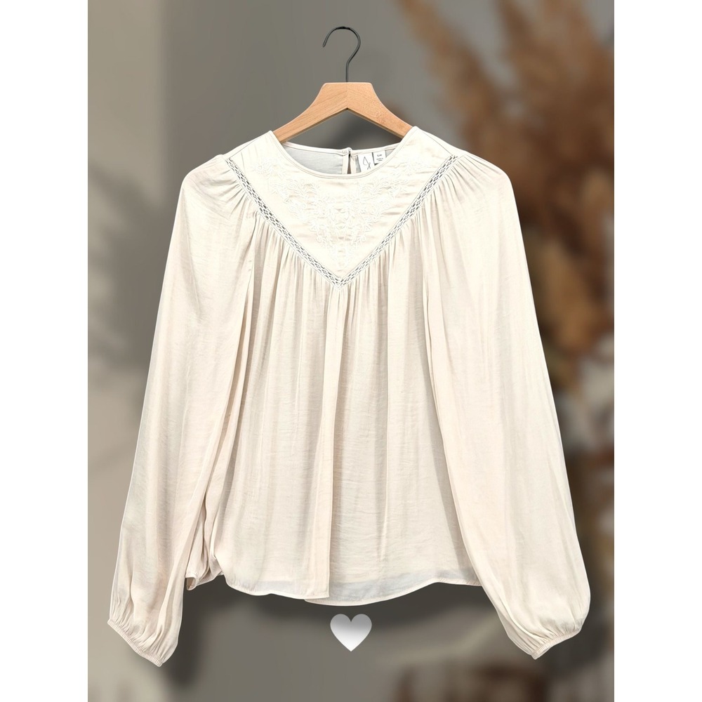 Joie 100% Silk Embroidered Peasant Blouse Cream Balloon Sleeve Small